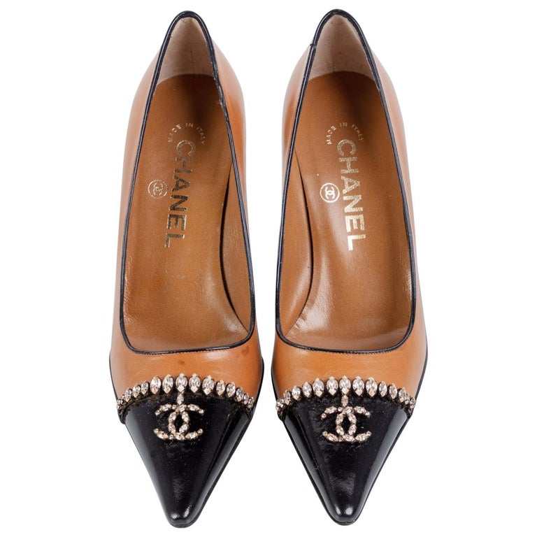 Chanel Dark Beige Black Leather Classic Point Toe Jewel Pump, 2002