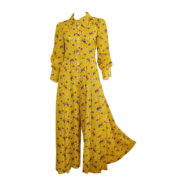 1970s Galanos Yellow Floral Print Palazzo Pant Jumpsuit