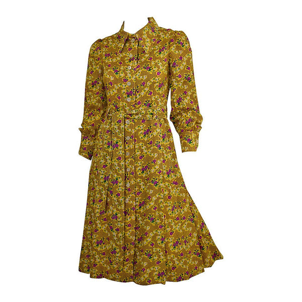 1970s Yellow Floral Printed Galanos Dress w/ Sash