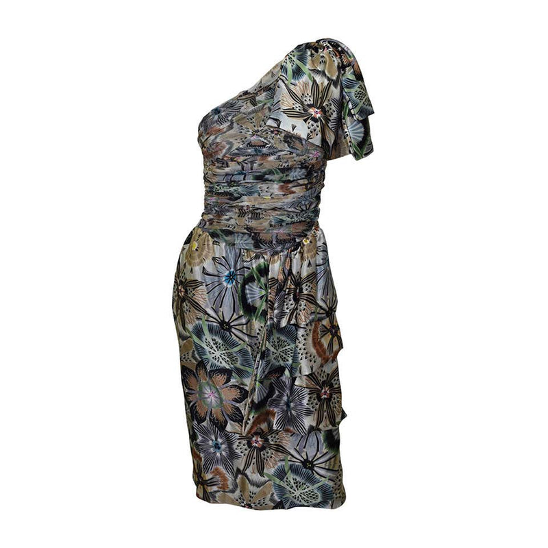 Missoni Floral Print Silk Ruched Bodice Dress with Bow Shoulder Detail