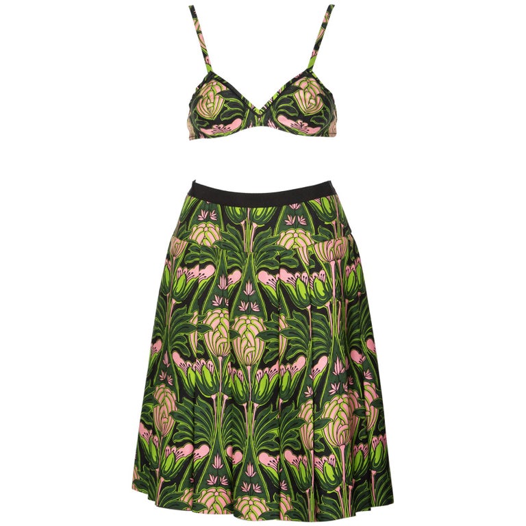 Prada Holiday & Brown Green Pink Print Bra Skirt Set, 2003