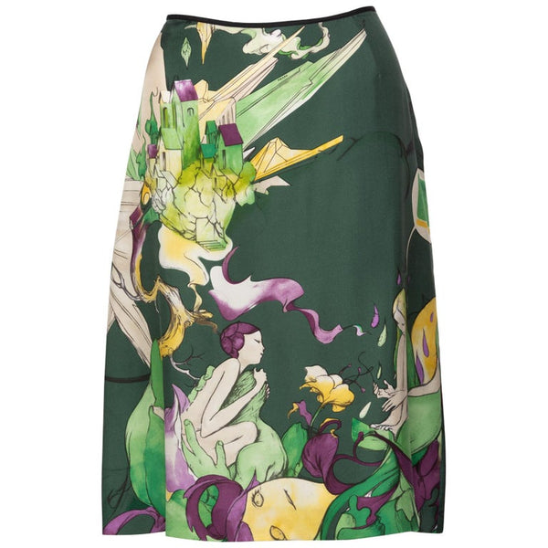 Prada Fairy James Jean Emerald Green Print Silk Skirt, 2008