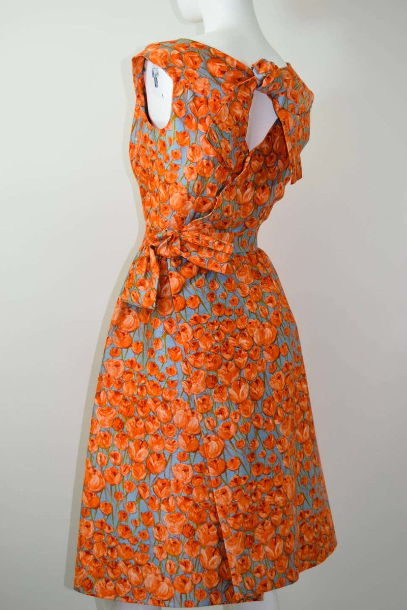 1950s Hattie Carnegie bow detail & floral print silk dress