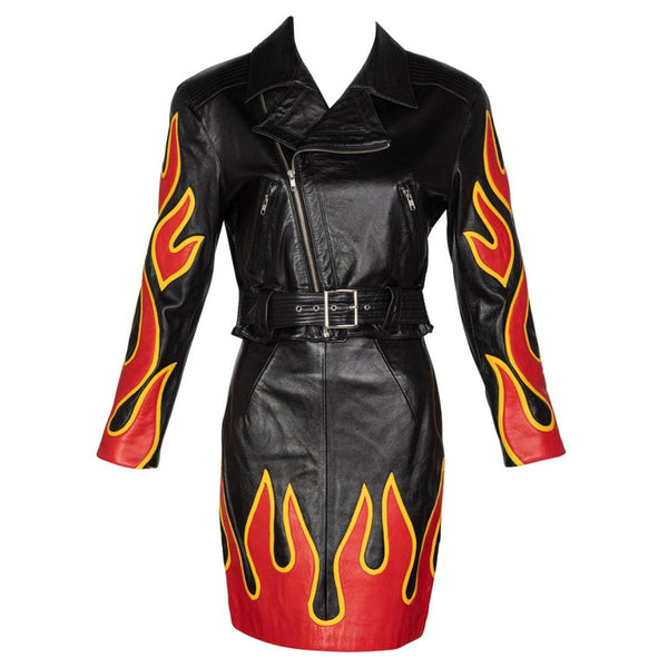 Michael Hoban North Beach Leather Black Red Flames Jacket Skirt Set, 1990s