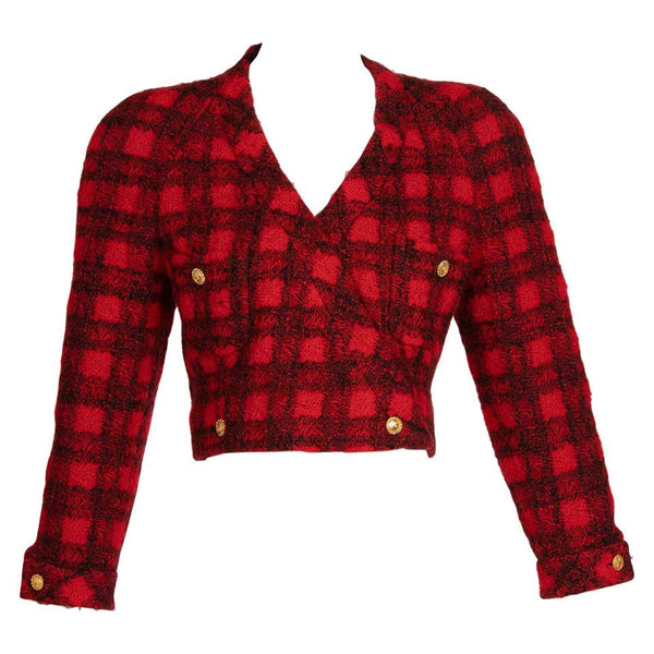 Chanel Black Red Plaid Cropped Wool Jacket Runway 1988