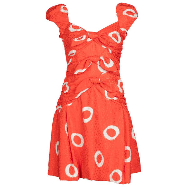 Scaasi Coral Orange Dotted Silk Print Bow Dress, 1990s