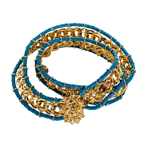 Bottega Veneta Gold Chain Turquoise Leather Lion Head Belt, 1990s