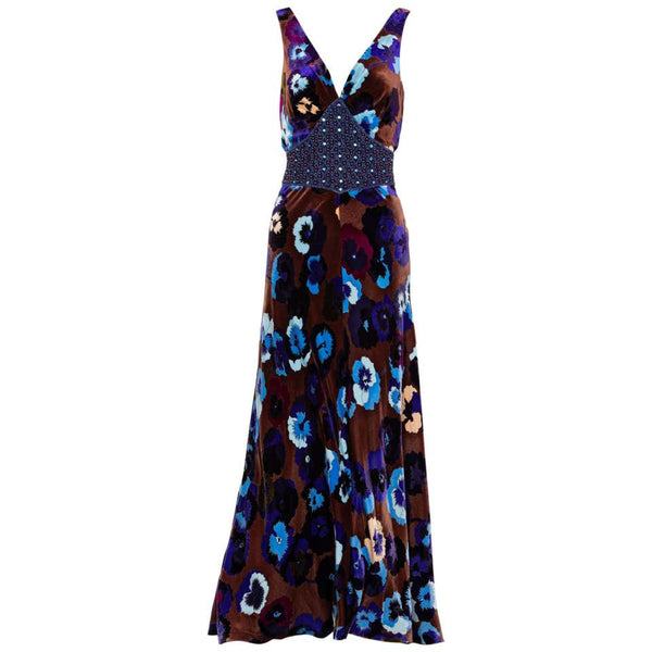 Missoni Brown Blue Purple Silk Velvet Pansy Print Crystal Dress 1930s Style