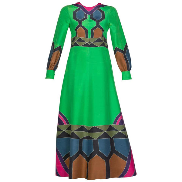 Nane French Couture Green Printed Silk Maxi Dress, 1970s