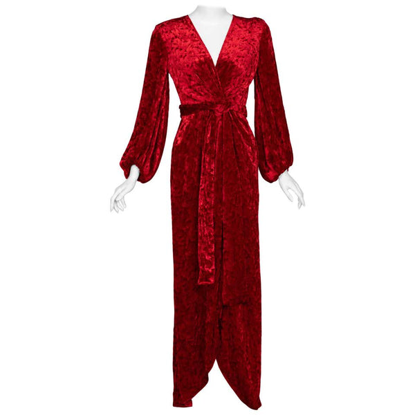 Saint Laurent Red Crushed Velvet Plunge Wrap Maxi Dress YSL Runway, 1985