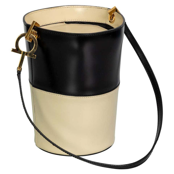 Ferragamo Black Creme Leather Bucket Bag, 1990s