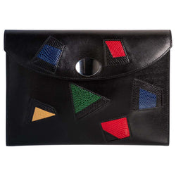 Hermès Black Leather Multicolored Lizard  Clutch Rare, 1980s