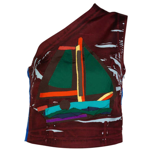 Prada Multicolored Silk Sailboat One Shoulder Top Runway, 2005