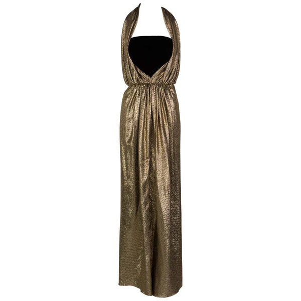 Vintage Bill Blass Black Velvet Gold Metallic Halter Strapless Evening Dress