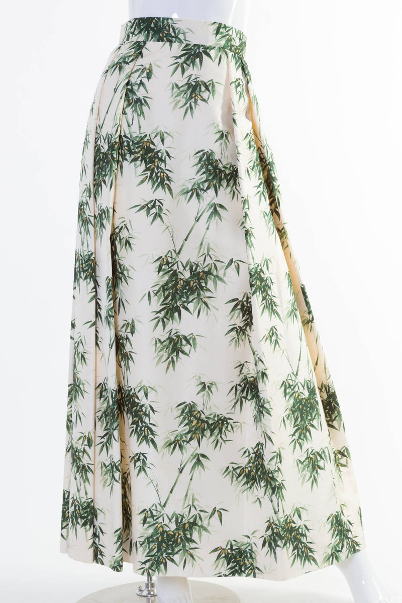 1960s Couture Silk Bamboo Ivory Green & Gold Leaf Print Maxi Side Pleat Skirt