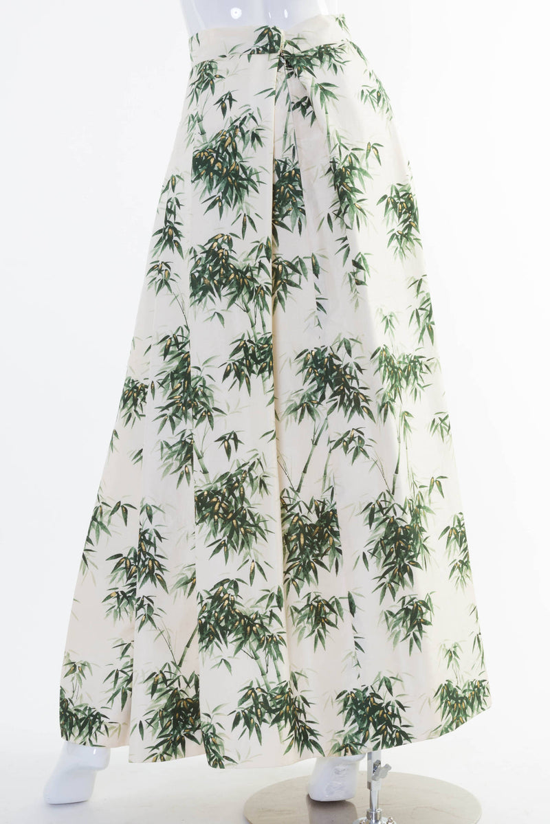 1960s Couture Silk Bamboo Ivory Green & Gold Leaf Print Maxi Side Pleat Skirt