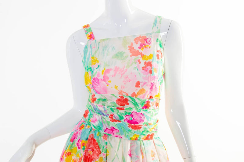1990s Leonard Paris Multicolor Floral Silk  Maxi Dress Gown