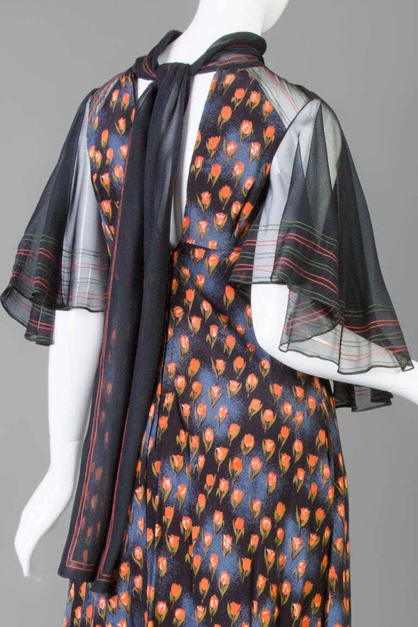 Jean Varon 1960s Bell Sleeve Tulip Print Maxi Dress