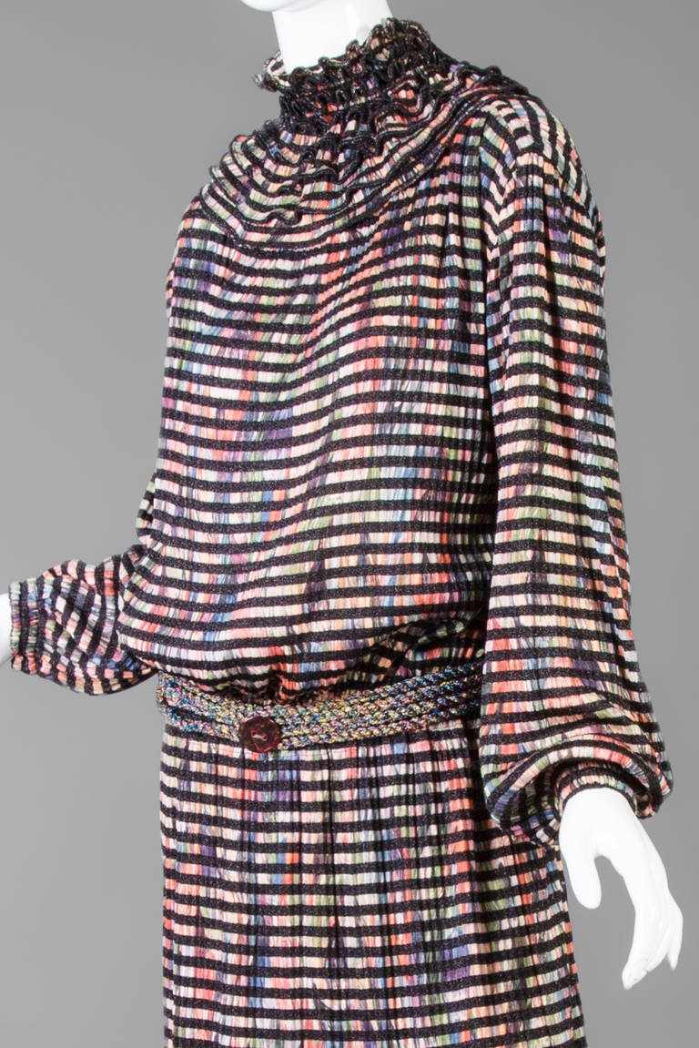 1980s Missoni Multicolored Dress with Matching Ruffle Collar and Belt