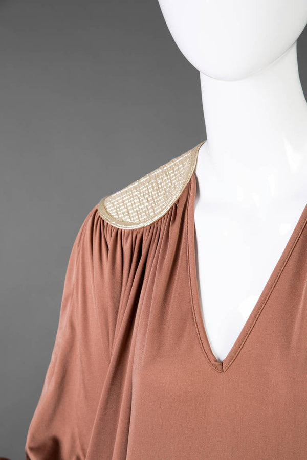 Vintage Bill Tice 1970s Light Brown and Gold Caftan with Side Slit