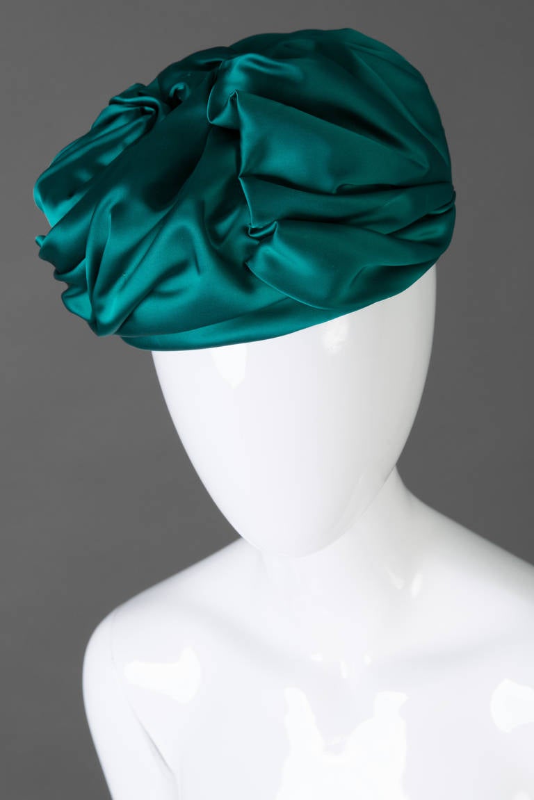 1960s Christian Dior Emerald Green Silk Satin Turban Hat