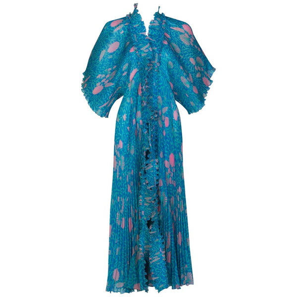 Zandra Rhodes Blue Pink Pleated Shell Print Caftan Dress 1970S