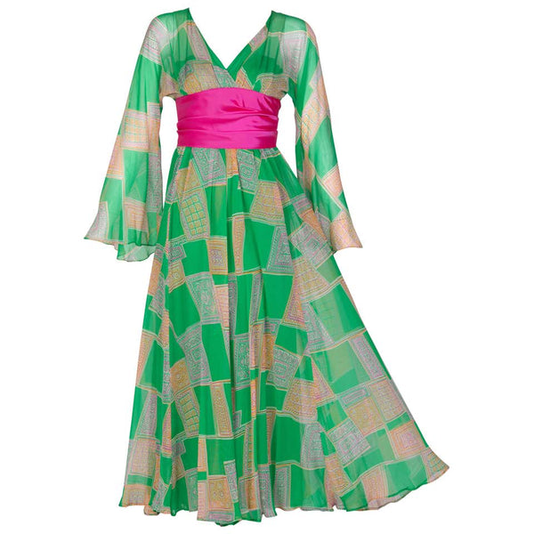 Malcolm Starr Green Geometric Print Chiffon Pink Sash Dress, 1960s