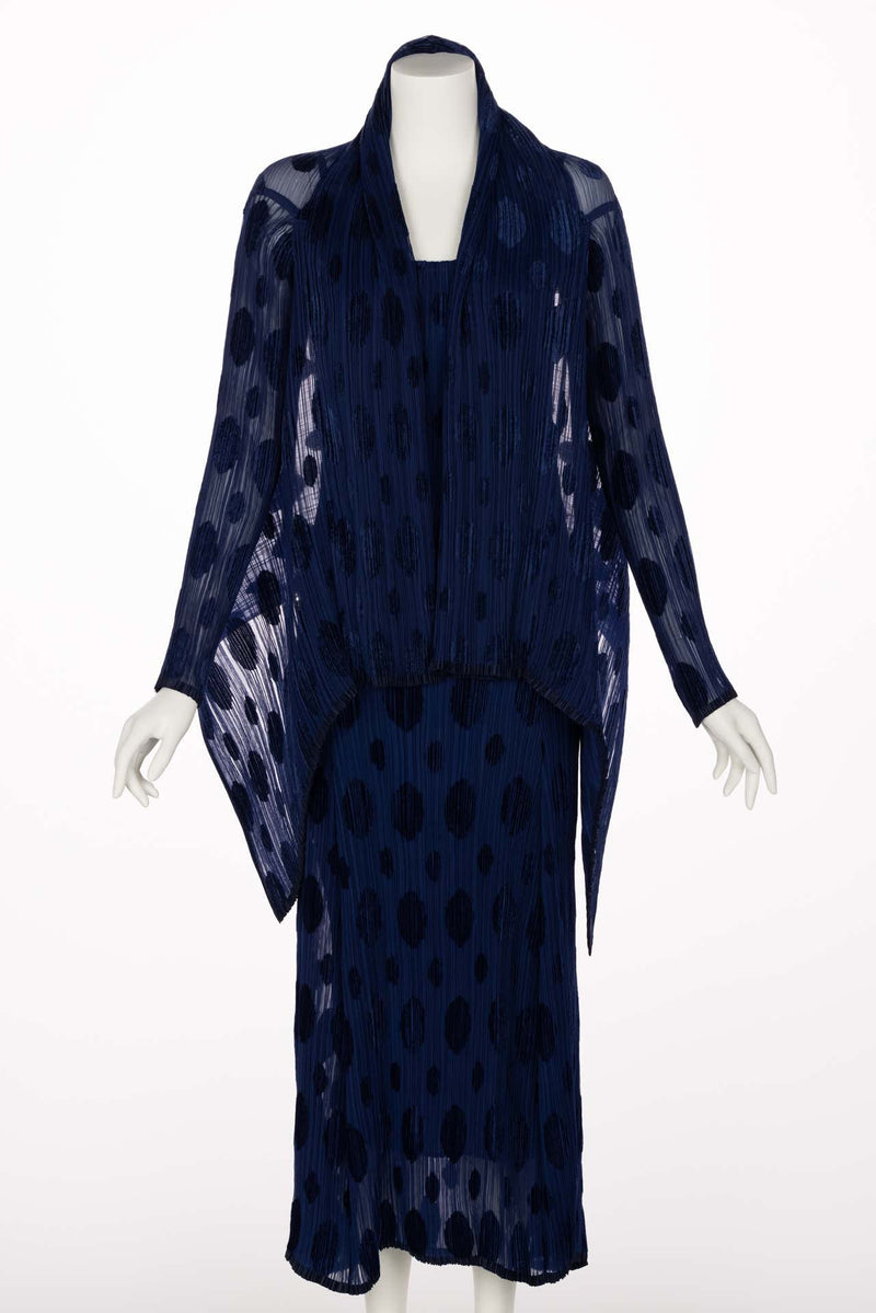 Issey Miyake Pleated Blue Polka Dot Dress & Jacket Set