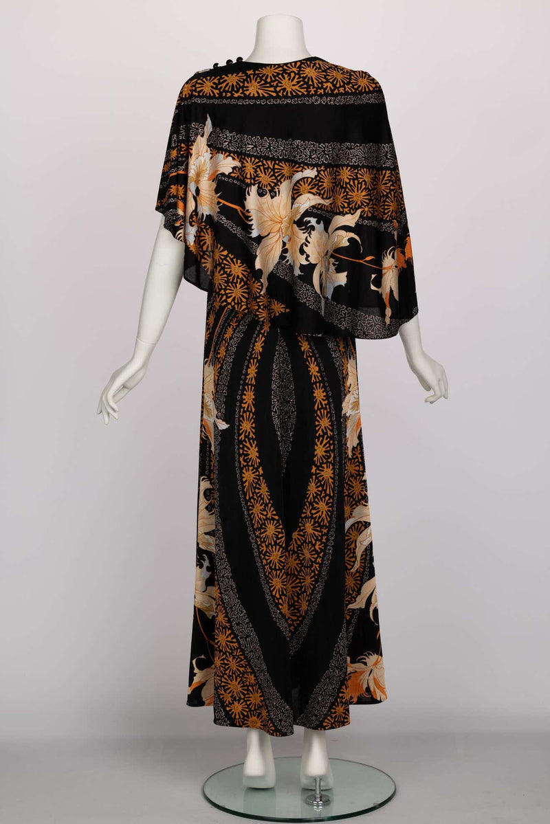 1970s Mac Tac of Paris Floral Printed Nylon Jersey Cape Dress