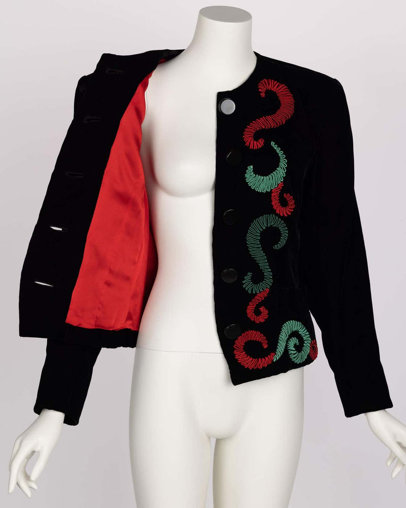 Yves Saint Laurent Runway Velvet Red & Green Embroidered Jacket, 1989