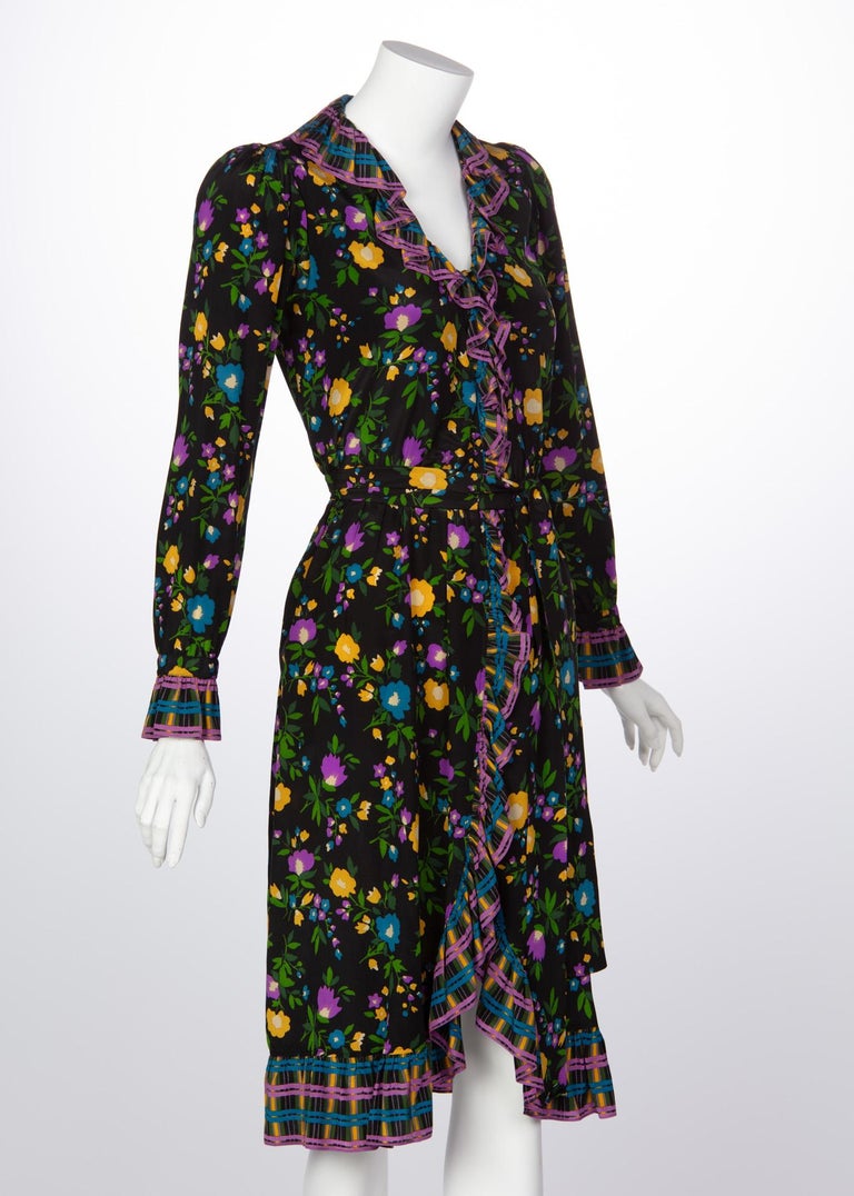 1970 Yves Saint Laurent Black Multicolored Silk Floral Peasant Dress