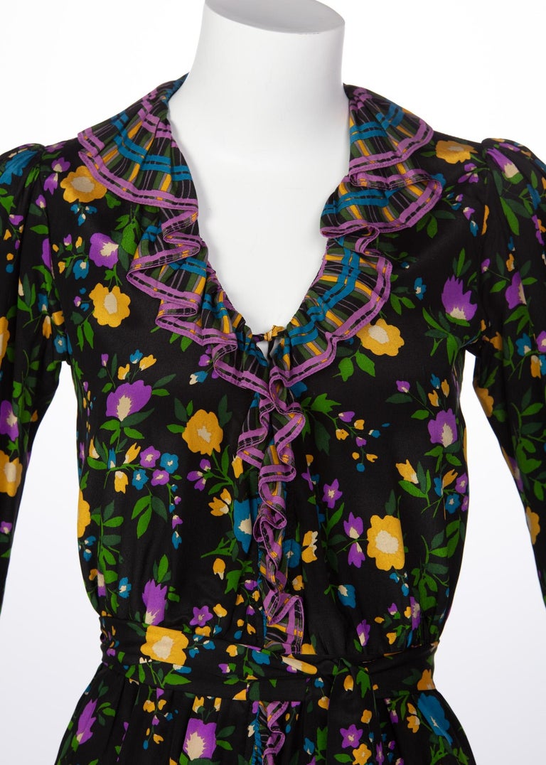 1970 Yves Saint Laurent Black Multicolored Silk Floral Peasant Dress