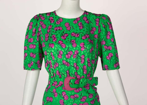 Givenchy Silk Green Cherry Print Cocktail Dress, 1980s