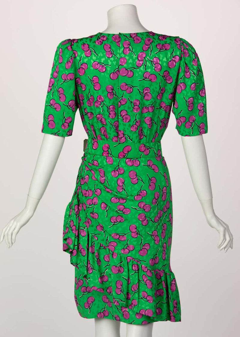 Givenchy Silk Green Cherry Print Cocktail Dress, 1980s