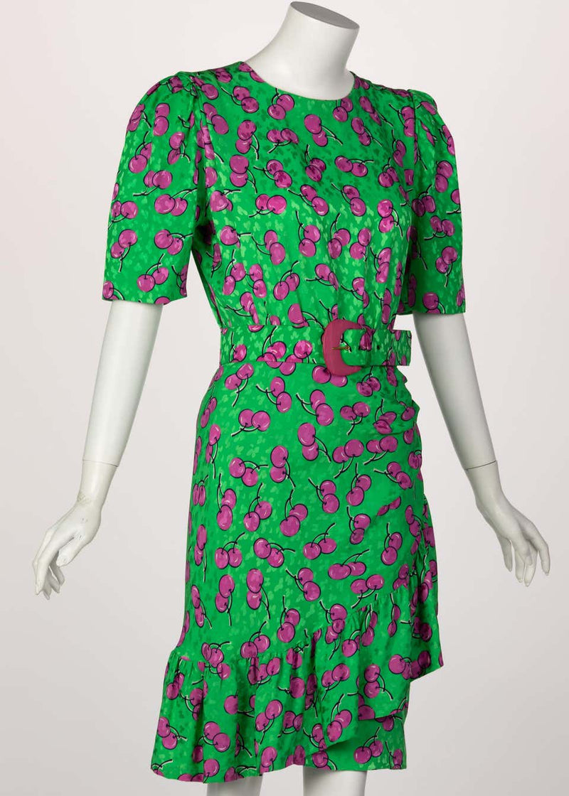 Givenchy Silk Green Cherry Print Cocktail Dress, 1980s