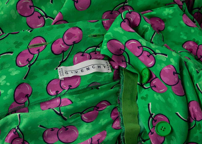 Givenchy Silk Green Cherry Print Cocktail Dress, 1980s