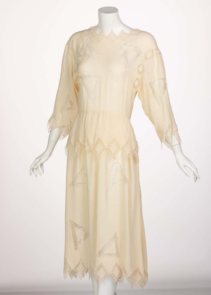 Chloe Karl Lagerfeld Ivory Silk Ebroidered Dress, 1981