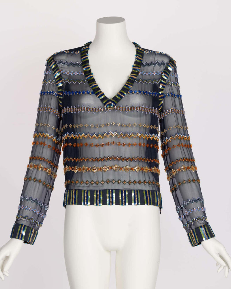 Chanel Métiers d’Art 2013 Beaded Sheer Silk & Leather Deep V Top