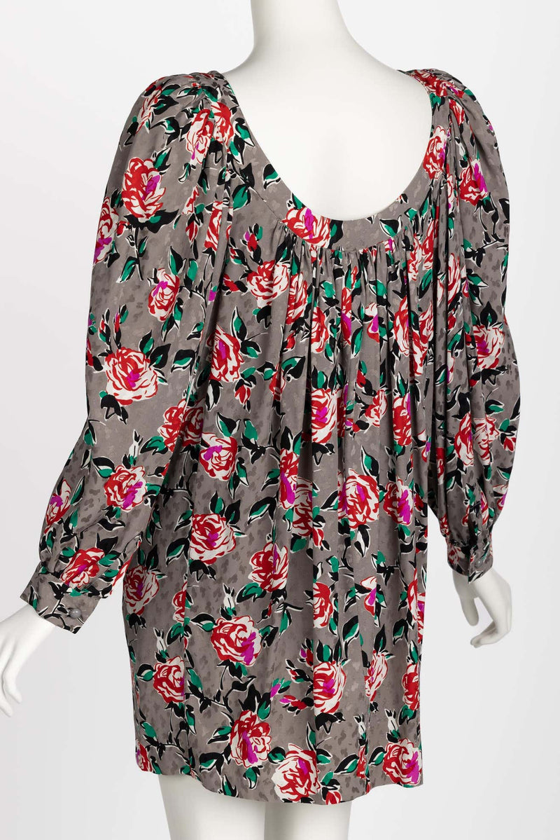 Yves Saint Laurent Floral Silk Long Sleeve Mini Dress YSL, 1980s