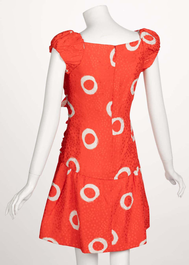 Scaasi Coral Orange Dotted Silk Print Bow Dress, 1990s