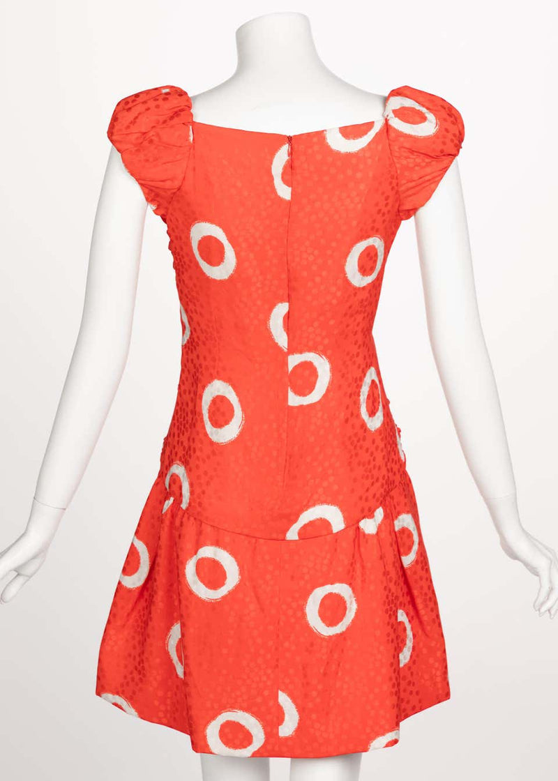 Scaasi Coral Orange Dotted Silk Print Bow Dress, 1990s