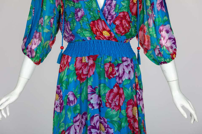 Diane Freis Blue Floral Silk Georgette Dress, 1990s