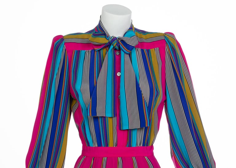 1982 Yves Saint Laurent Multicolored Striped Silk Dress Documented YSL