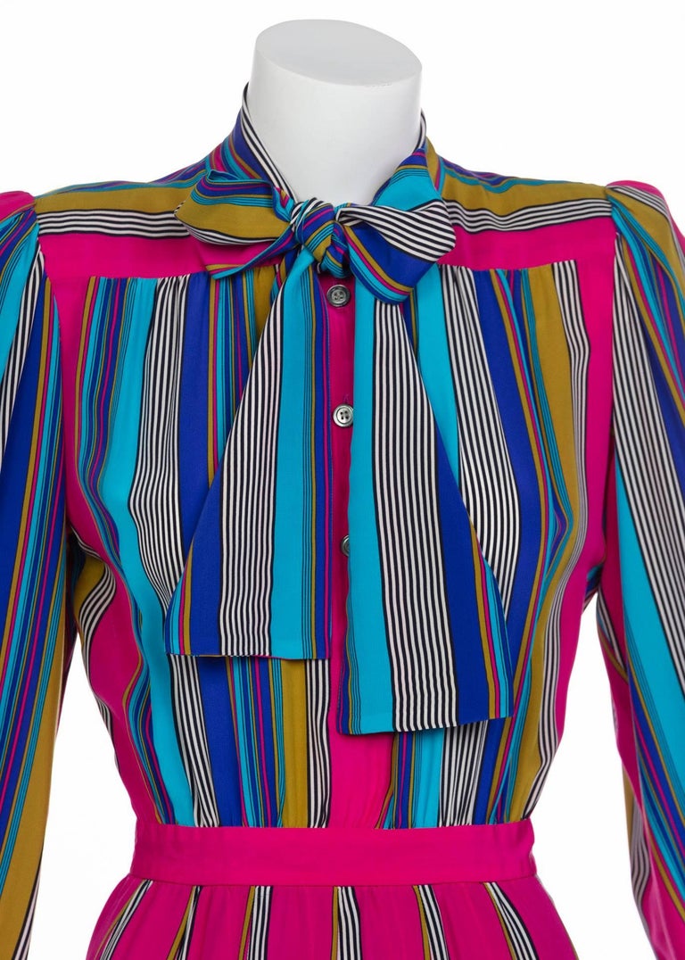 1982 Yves Saint Laurent Multicolored Striped Silk Dress Documented YSL