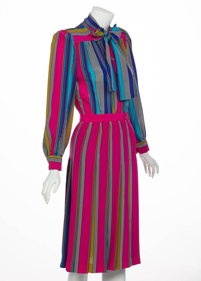 1982 Yves Saint Laurent Multicolored Striped Silk Dress Documented YSL