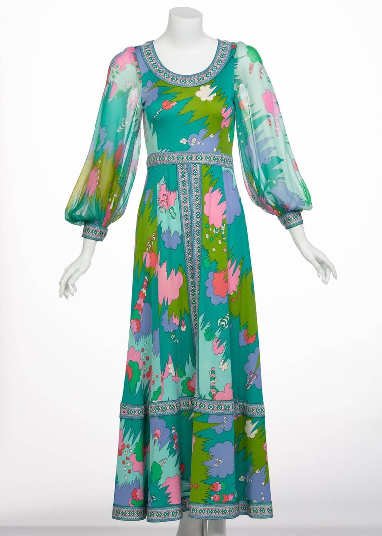 Bessi Multicolored Silk Jersey Chiffon Sleeves Maxi dress, 1970s