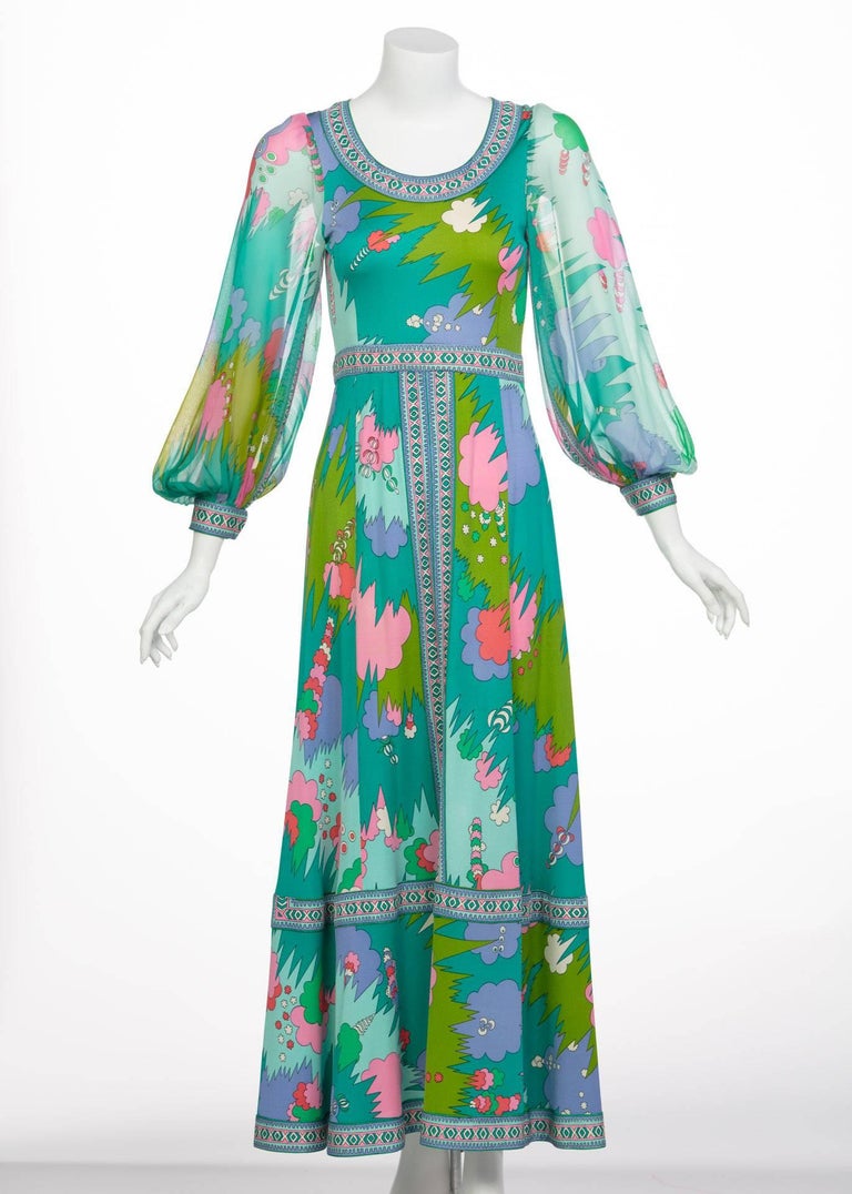 Bessi Multicolored Silk Jersey Chiffon Sleeves Maxi dress, 1970s