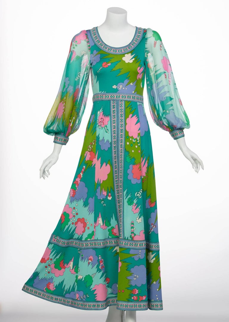 Bessi Multicolored Silk Jersey Chiffon Sleeves Maxi dress, 1970s