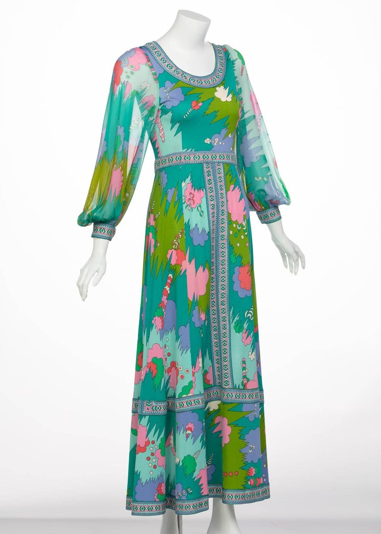 Bessi Multicolored Silk Jersey Chiffon Sleeves Maxi dress, 1970s