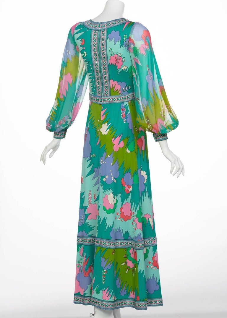 Bessi Multicolored Silk Jersey Chiffon Sleeves Maxi dress, 1970s